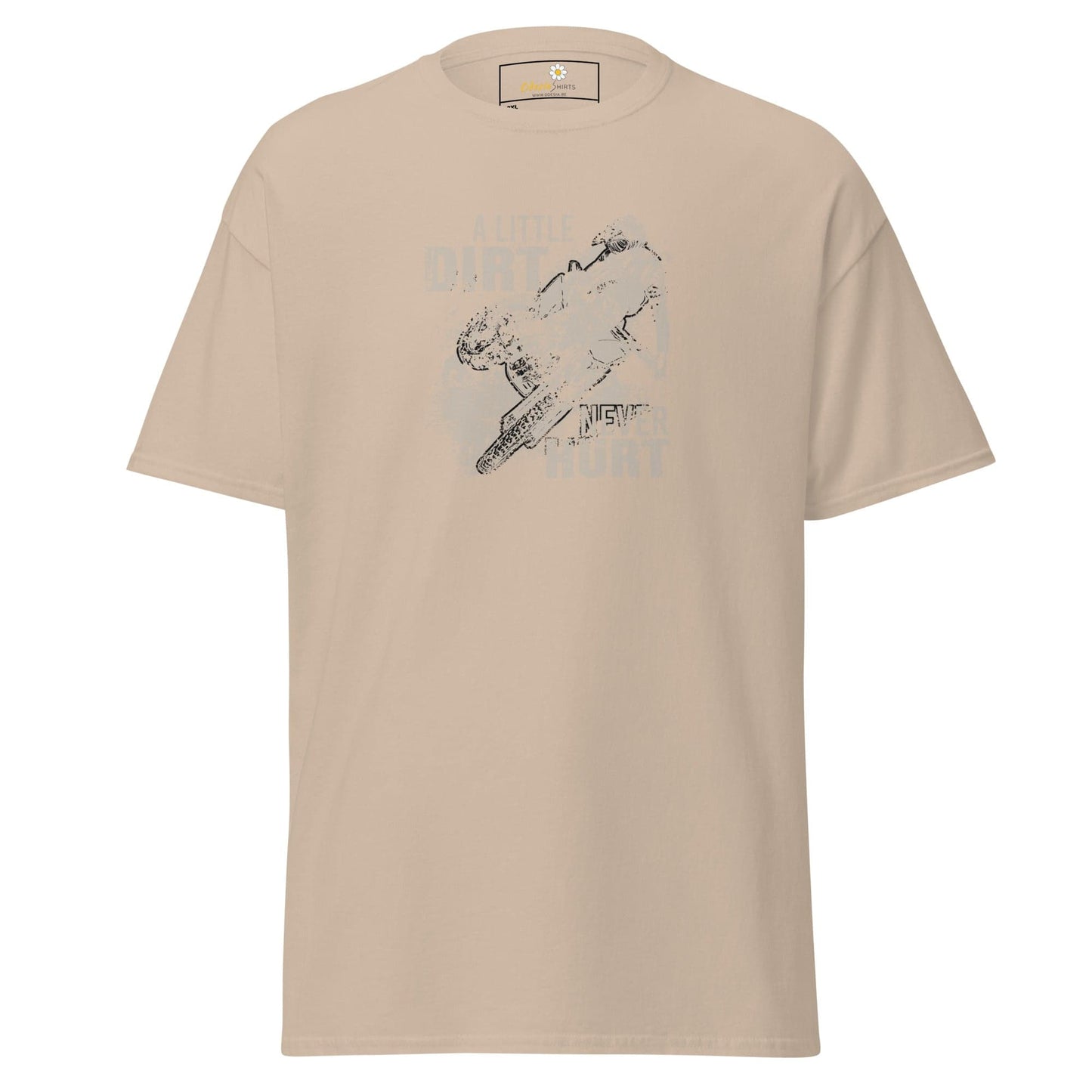 Beige t-shirt with graphic.