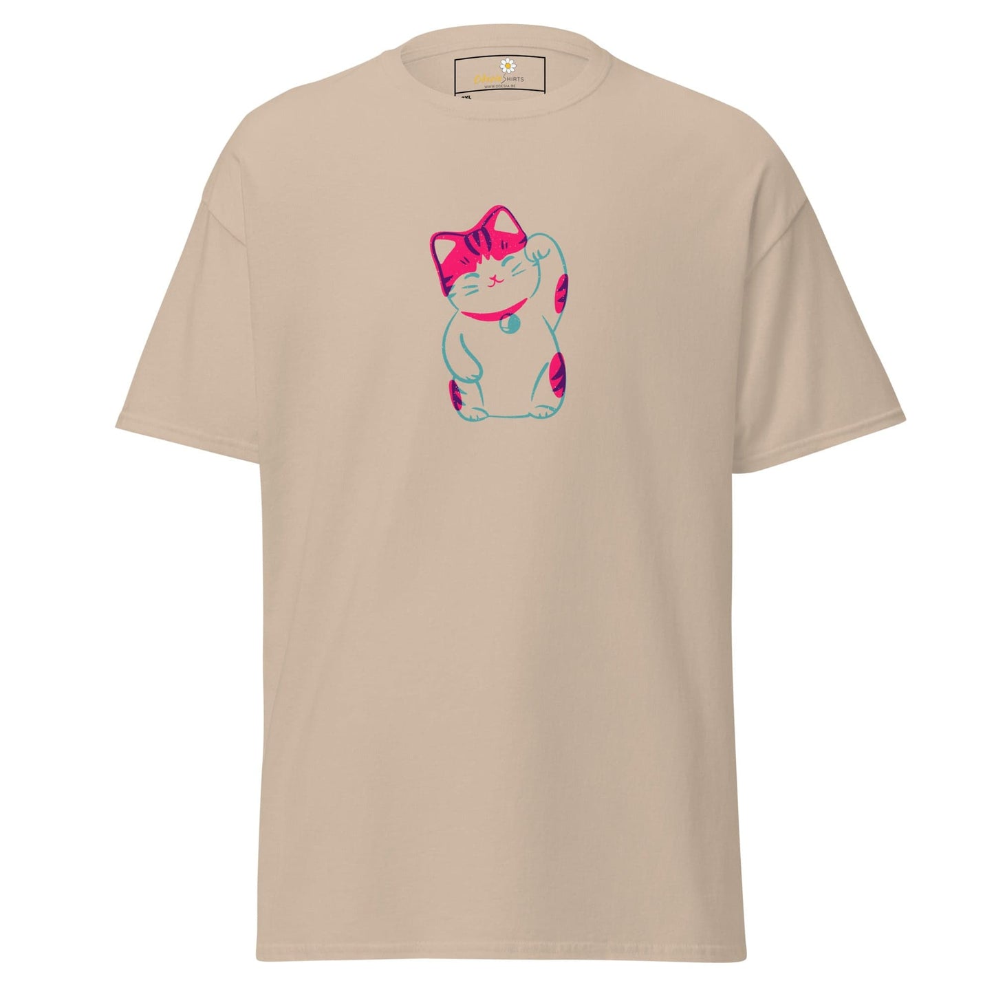 Beige T-shirt with pink and blue cat graphic for Men and Women in sizes 2XL to 5XL