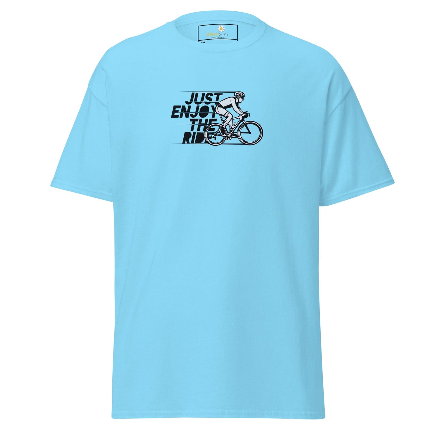 Light blue T-shirt featuring a cyclist graphic for men and women, available in 2XL to 5XL