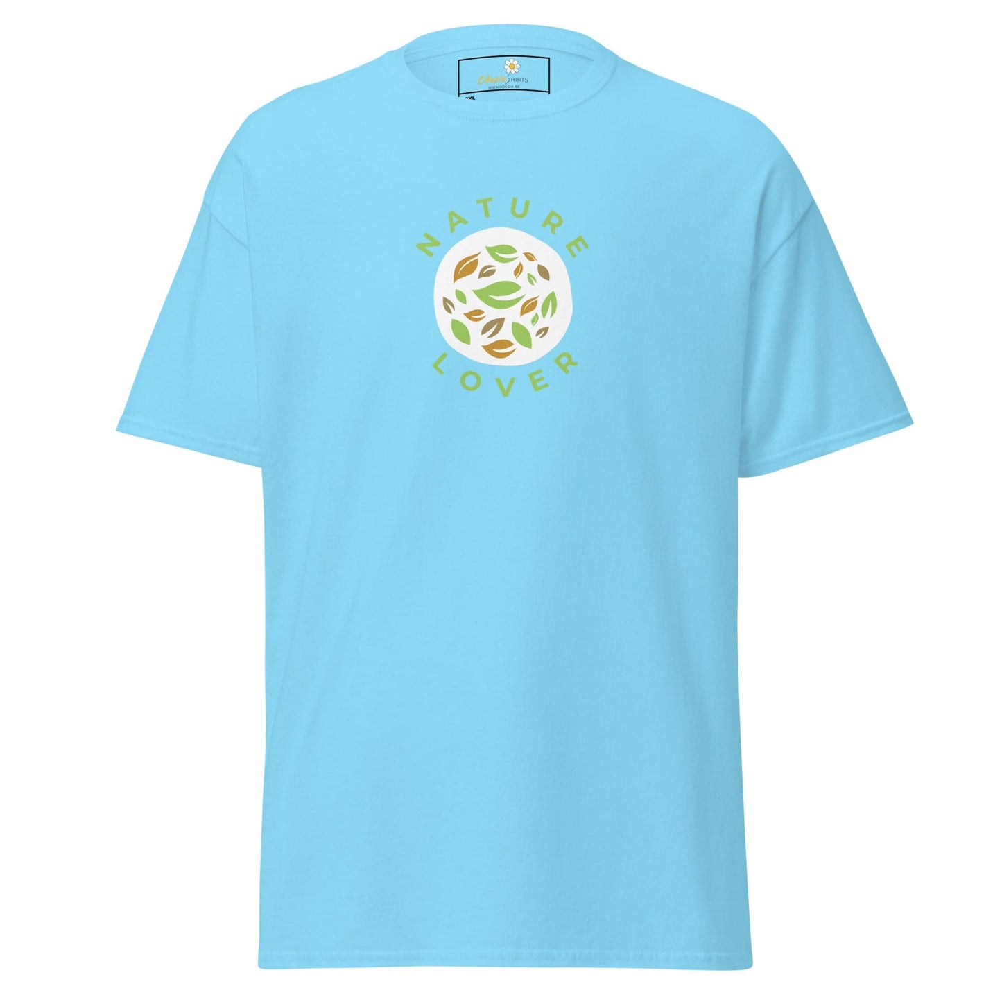 Light blue t-shirt with nature-themed graphic.