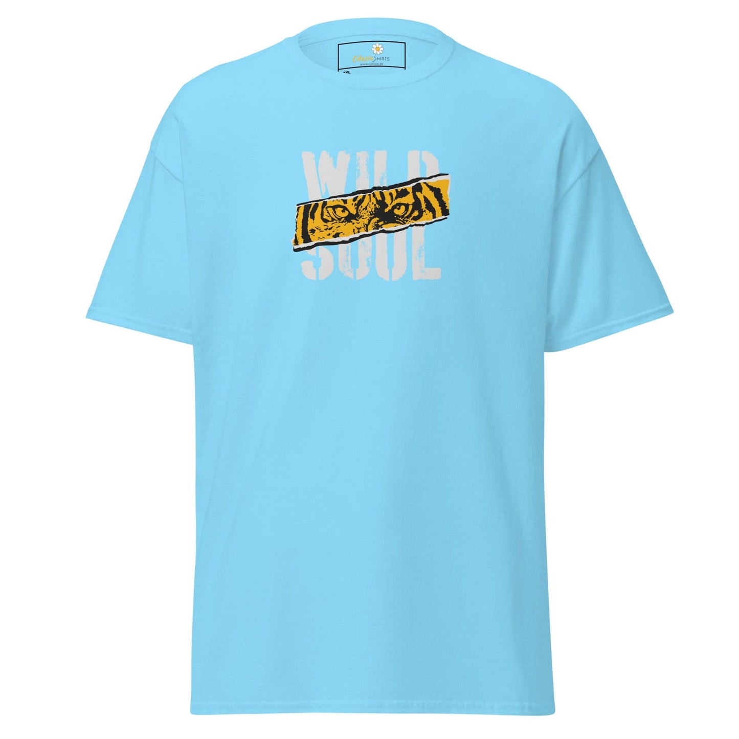 Light blue t-shirt with tiger graphic.