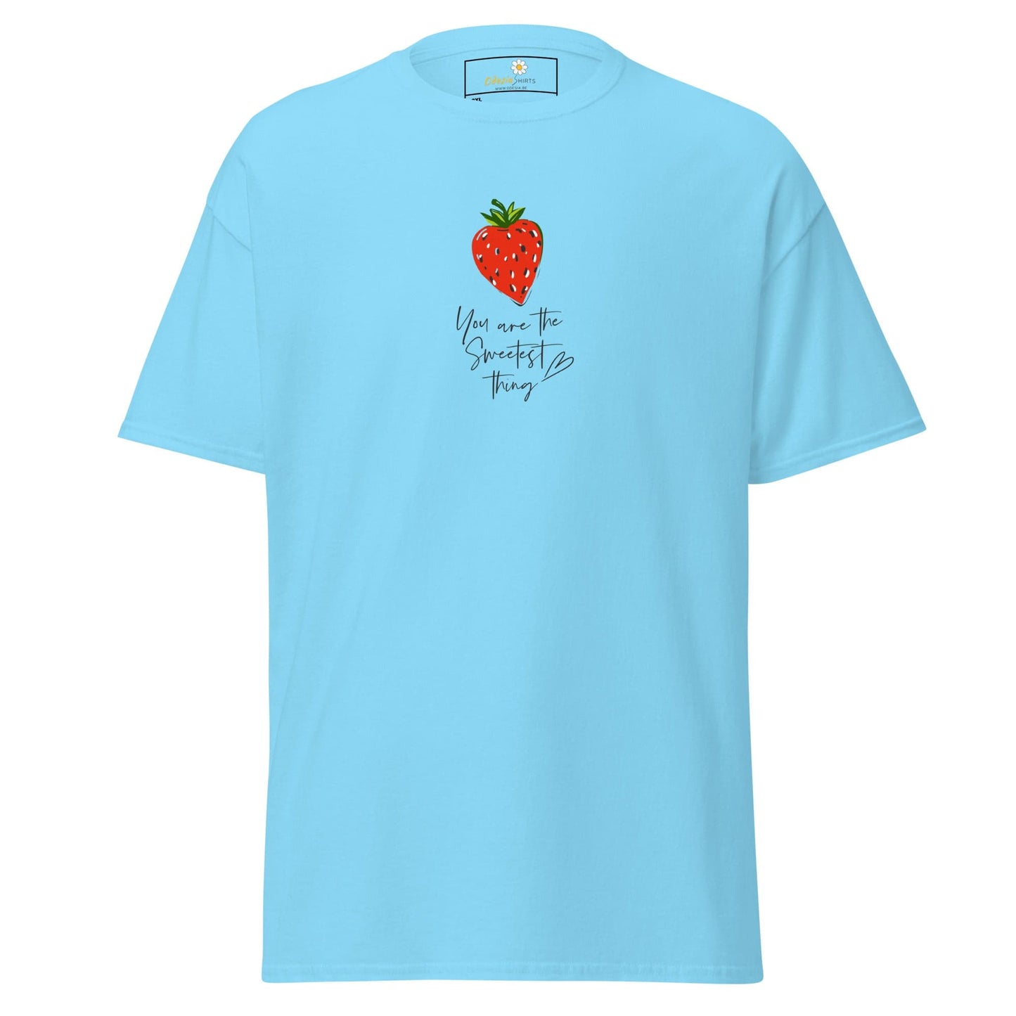 Light blue t-shirt with strawberry graphic.