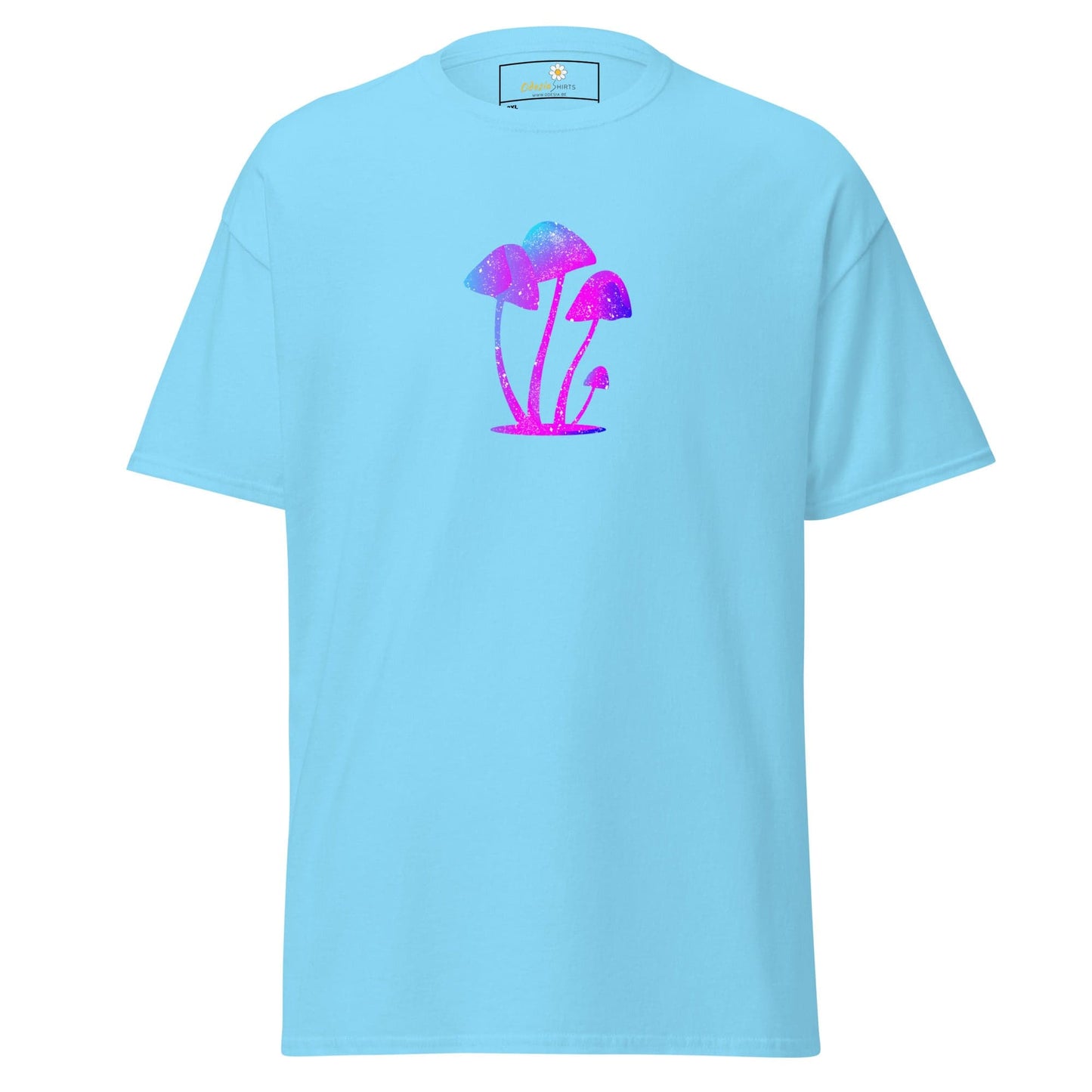 Light blue t-shirt with mushroom design.