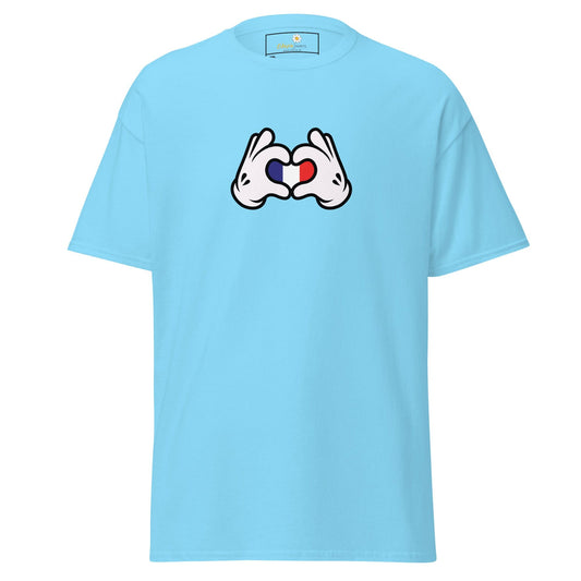 Light blue t-shirt with cartoon hands forming a heart with the French flag.