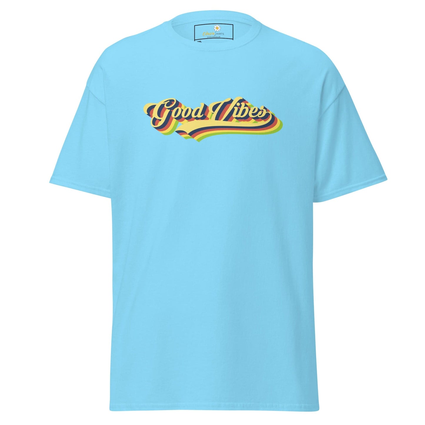 Light blue t-shirt with ’Good Vibes’ text.
