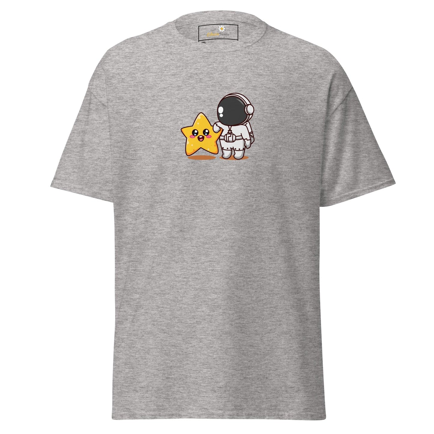 Gray t-shirt with astronaut and star graphic.