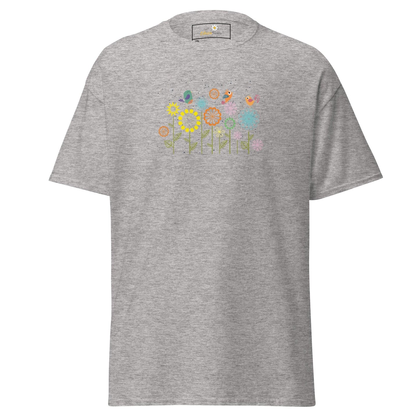Gray t-shirt with floral design.