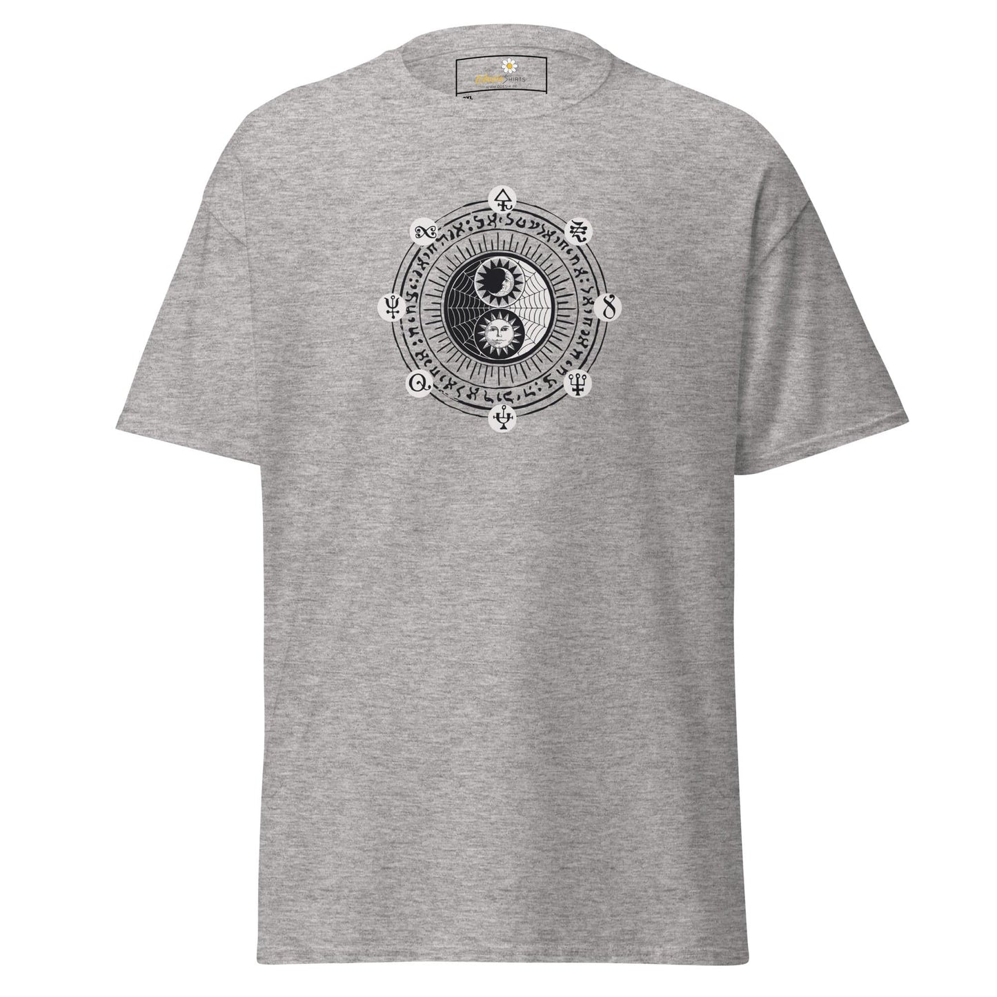 Gray t-shirt with yin-yang design.