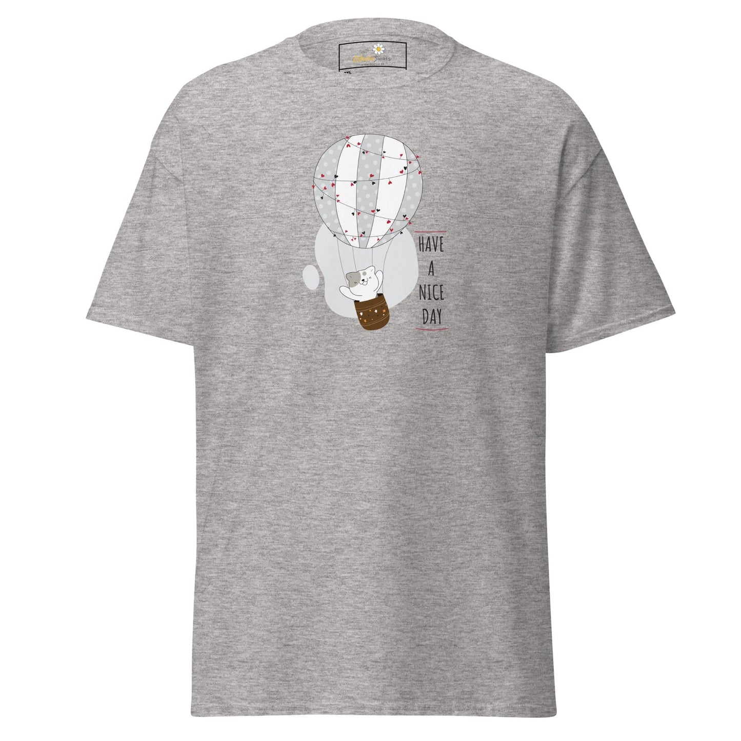 Gray T-shirt with cartoon balloon graphic, available in large sizes for men and women