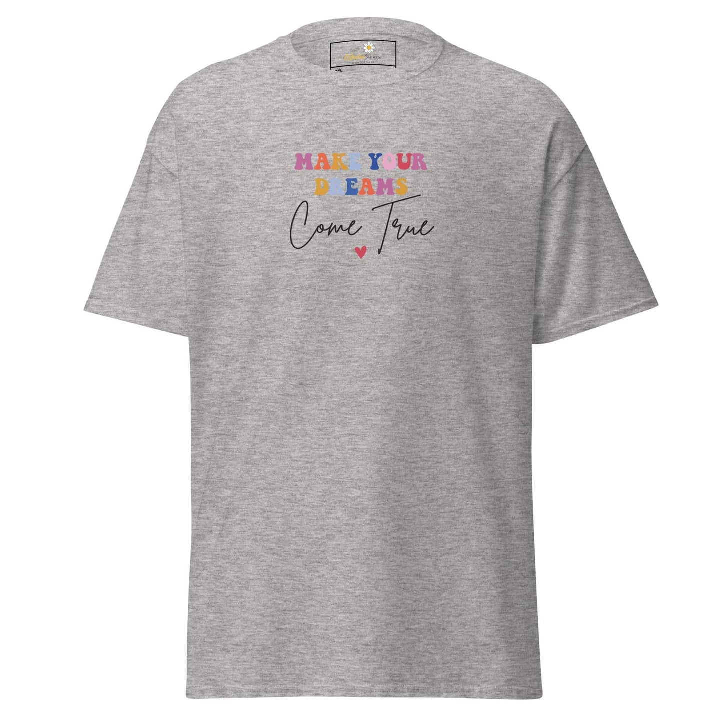 Gray t-shirt with colorful text.
