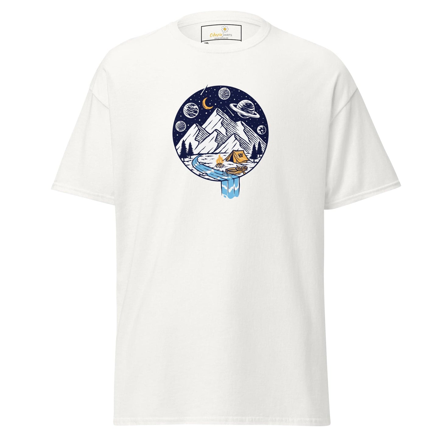 White t-shirt with mountain camping graphic.