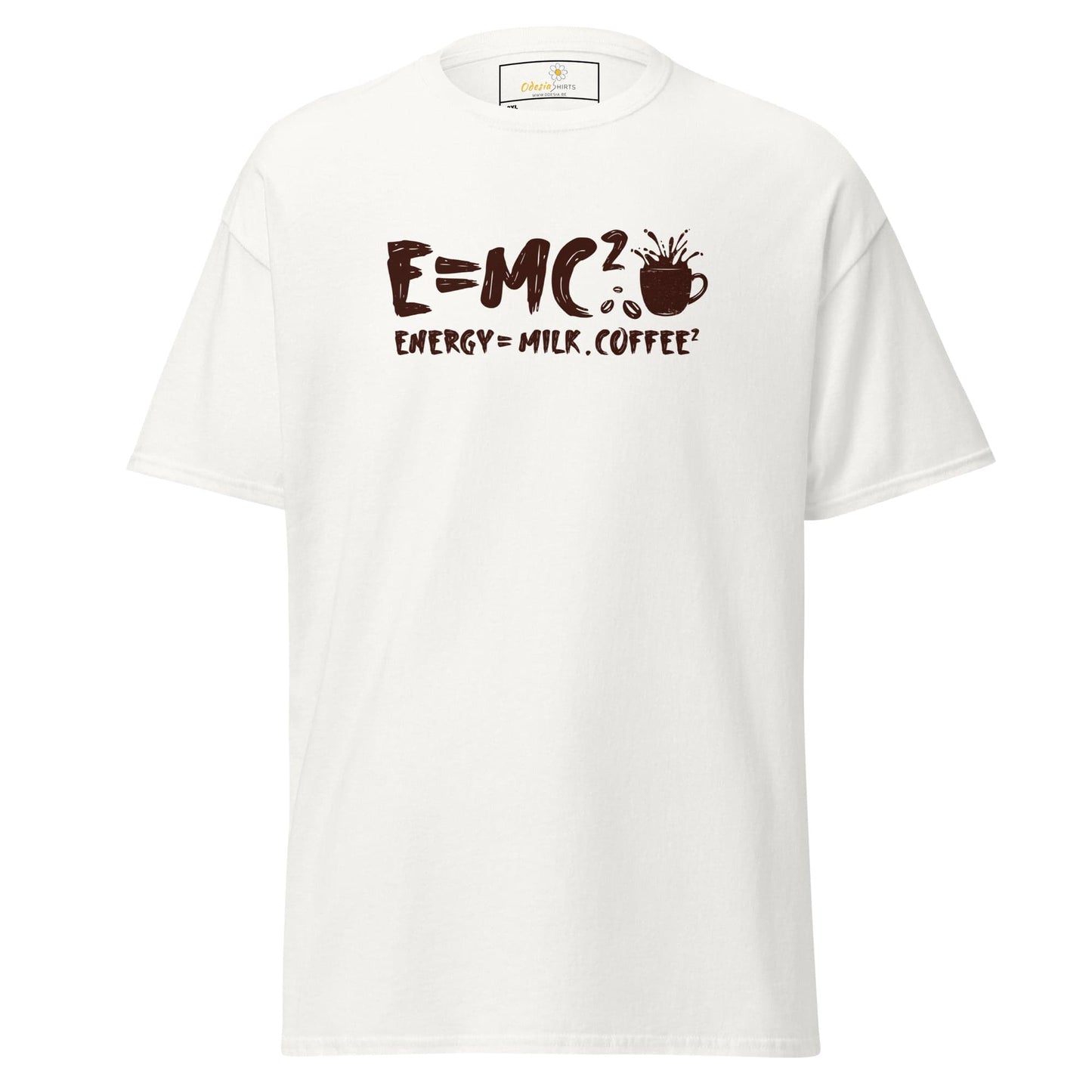 White t-shirt with a coffee-themed equation.